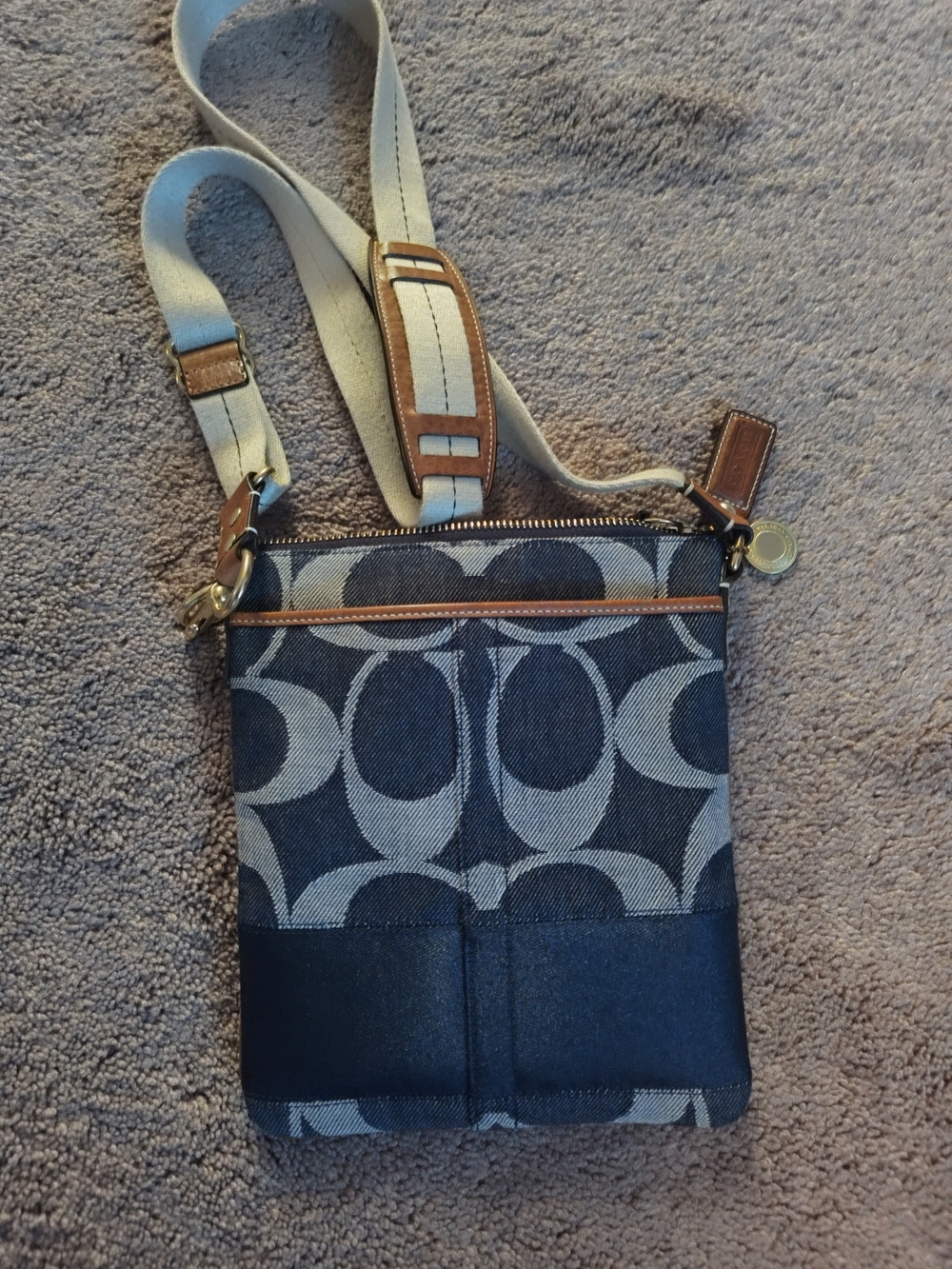 Coach Navy Denim and Brown Signature Crossbody Messenger